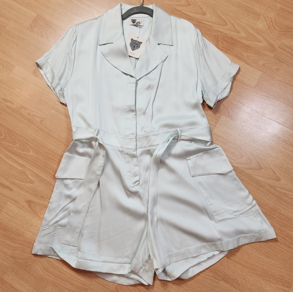 NWT Lita By Ciara Romper Viscose Satin Pale Blue Green Belted Size Large